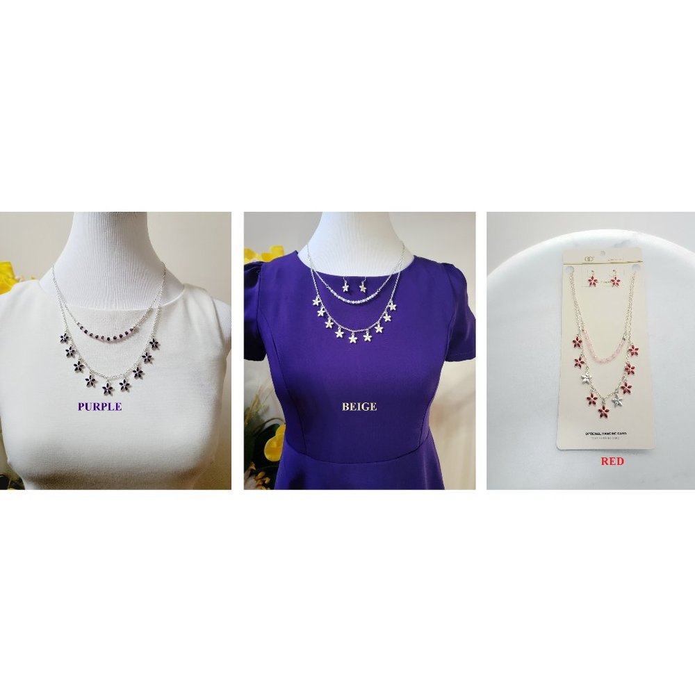 Cute Fashion Jewelry Set 2-Layer Beaded & Flower Dangle Necklace and Earrings